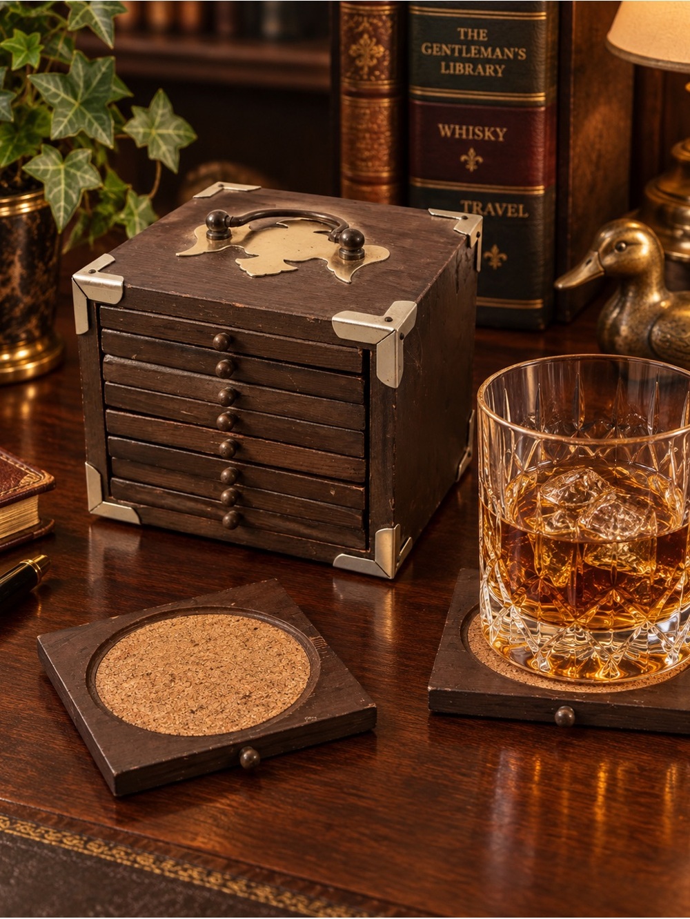 Vintage Gourmet Royale Wood Cork Coaster Set 8 Campaign Style Brass Tone Box
